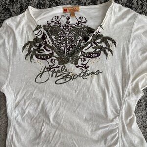 Vintage Y2K Apple Bottoms White Blouse with Black and Gold Design